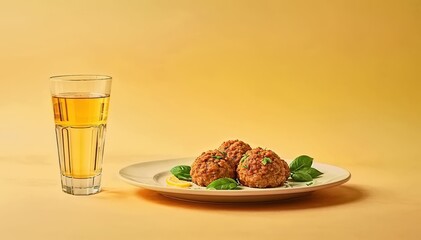 A plate with three croquettes, a glass of beer, and a lemon wedge on a yellow table.