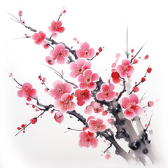 Watercolor style red peach blossom branch isolated on transparent background. PNG