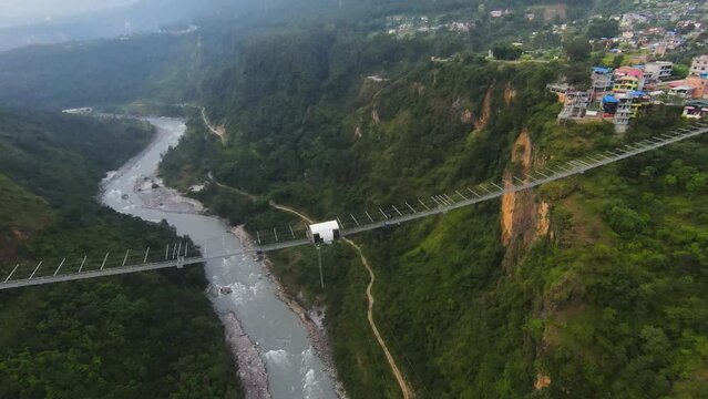 Spectacular aerial over Kushma suspension bridge