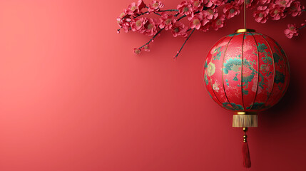 Several lanterns hanging from a cherry blossom tree with red flowers. Background image for Chinese New Year celebrations.