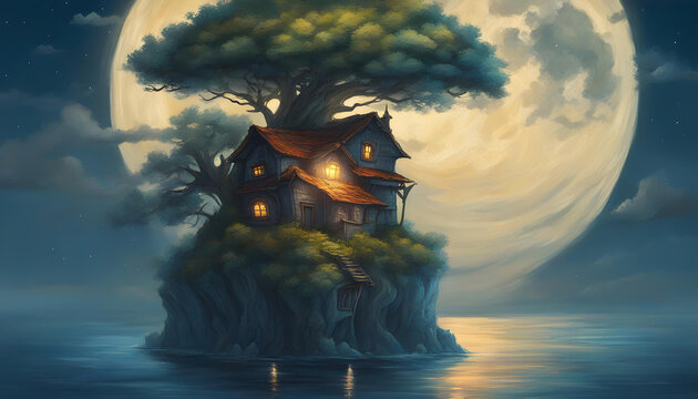 house and tree on a flying island in night sea on big moon background painting fantasy art