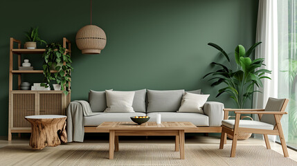 Wooden coffee table and lounge chair near gray sofa against green wall. Scandinavian home interior design of modern living room