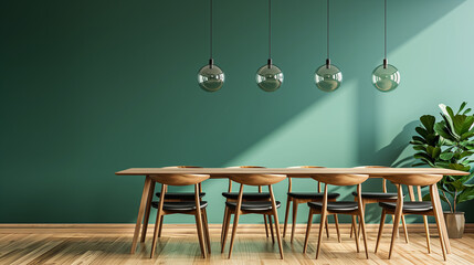 Wooden dining table and chairs against green wall. Scandinavian, mid-century home interior design of modern dining room