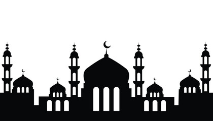 Silhouette Mosque flat Vector illustration isolated on white background. Islamic mosque buildings in silhouette for background design, Banner design, and Ramadhan background.
