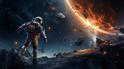 astronaut catching the mini asteroid