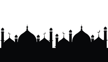 Silhouette Mosque flat Vector illustration isolated on white background. Islamic mosque buildings in silhouette for background design, Banner design, and Ramadhan background. - obrazy, fototapety, plakaty