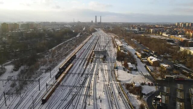 Aerial Top View Of Industrial Cargo Trains On A Railway Tracks, Bytom, Poland.