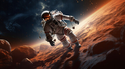 astronaut doing space walk. mars exploration - obrazy, fototapety, plakaty