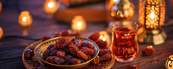 Ramadan Kareem greeting card. Ramadan Kareem lanterns and dates fruit - obrazy, fototapety, plakaty