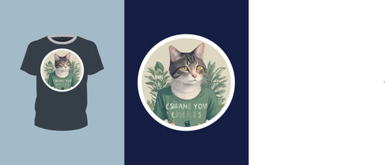 cat illustration in t-shirt for t-shirt design, animal art, print ready vector file