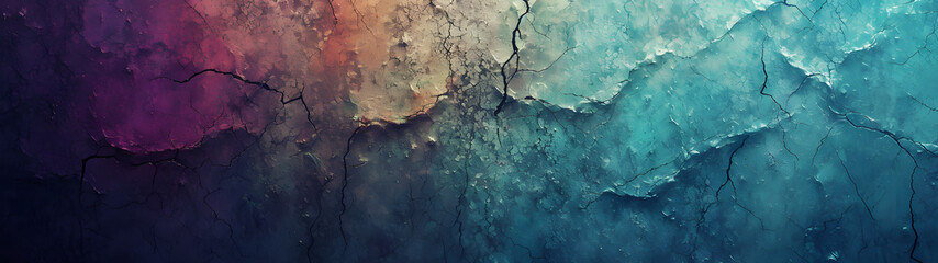 A vibrant abstract painting featuring a cracked surface with turquoise hues and colorful cracks, evoking a sense of chaos and beauty in the imperfections - obrazy, fototapety, plakaty