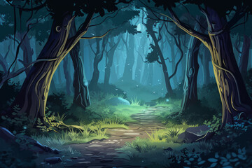 Game asset, illustration of a trail cutting through a dark magical forest, spot of light in the middle