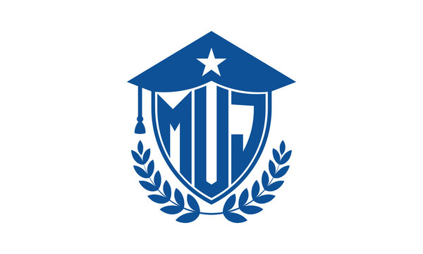MUJ three letter iconic academic logo design vector template. monogram, abstract, school, college, university, graduation cap symbol logo, shield, model, institute, educational, coaching canter, tech