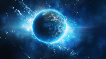 beautiful space scene with blue planet in space