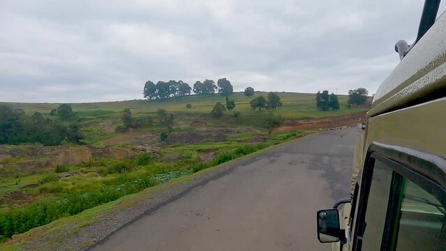 Safari Vehicle Driving With Nature Scenery In Narok, Kenya. POV