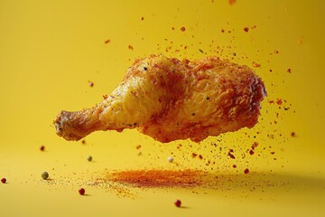 A crispy and crunchy piece of fried chicken flying in the air surrounded by spices
