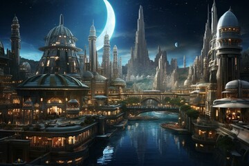 Fototapeta na wymiar Stunning artwork portrays a mesmerizing metropolis within the iconic space-inspired Star Wars universe. Generative AI
