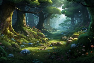 A breathtaking magical woods with towering trees and lush plants. A digital artwork backdrop. Generative AI