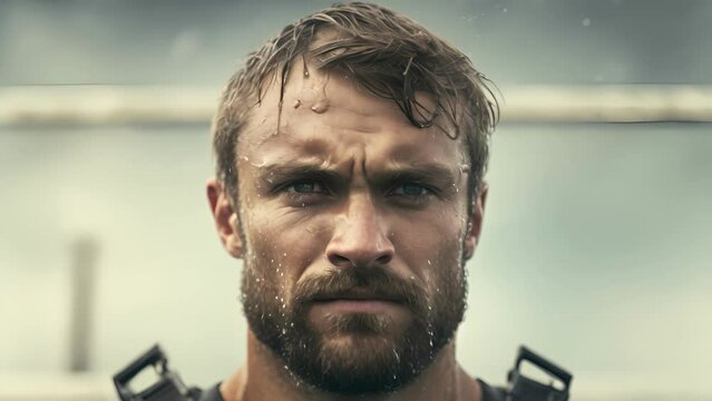 A tall Caucasian male diver with an expression of concentration while standing against a faded water polo event.