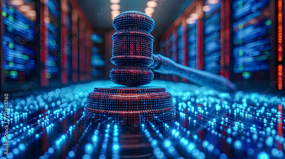 Wall mural gavel with binary code on the keyboard, concept of cybercrime