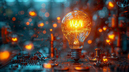 Conceptual image with lightbulb with moving gears as a symbol of an idea on dark background - obrazy, fototapety, plakaty
