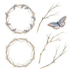 Watercolor set of spring branches and butterflies. The illustration is hand drawn on an isolated...