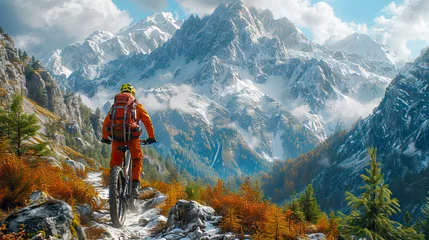 Fotobehang Mountain bike rider on the trail in the wind nature in winter © Aliaksandra