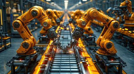 Smart industry robot arms for digital factory production technology showing automation manufacturing process of the Industry 4.0 or 4th industrial revolution and IOT software to control operation - obrazy, fototapety, plakaty