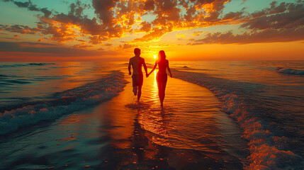Silhouette of two young women walking on the beach at sunset