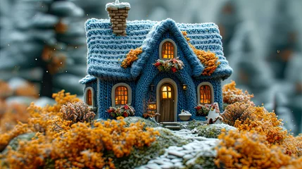 Foto op Canvas Fairytale house made of wool in the forest. Selective focus © Aliaksandra