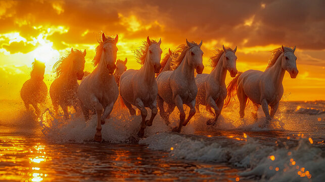 Herd of white horses running on the beach at sunset in summer