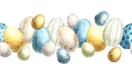 Watercolor seamless Easter line (frame) of colorful eggs. Hand drawn illustrations on isolated background for greeting cards, invitations, happy holidays, posters, graphic design, print, label.