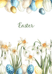 Watercolor Easter composition with text, Easter cakes, eggs and daffodils. Hand drawn illustrations on isolated background for greeting cards, invitations, happy holidays, posters, graphic design
