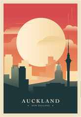 Auckland city brutalism poster with abstract skyline, cityscape retro vector illustration. New Zealand travel front cover, brochure, flyer, leaflet, business presentation template image - obrazy, fototapety, plakaty
