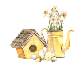 Watercolor set with yellow watering can and daffodils, birdhouse, eggs. Hand drawn illustrations on isolated background for greeting cards, invitations, happy holidays, posters, design, print.
