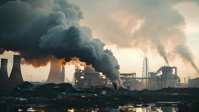 The acrid scent of industrial smoke fills the air, a haunting reminder of the damage being done to our planet.