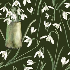 Watercolor pattern on a green background with snowdrops and a watering can. Hand drawn illustration on isolated background for greeting cards, invitations, happy holidays, posters, fabric, wallpaper
