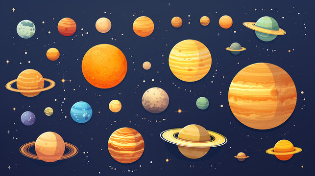 set of universe solar system planets and space elements on dark background