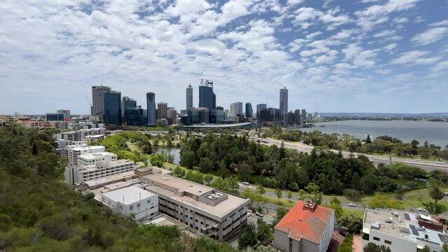 City Skyline In Perth During Summer In Western Australia. Aerial Wide Shot