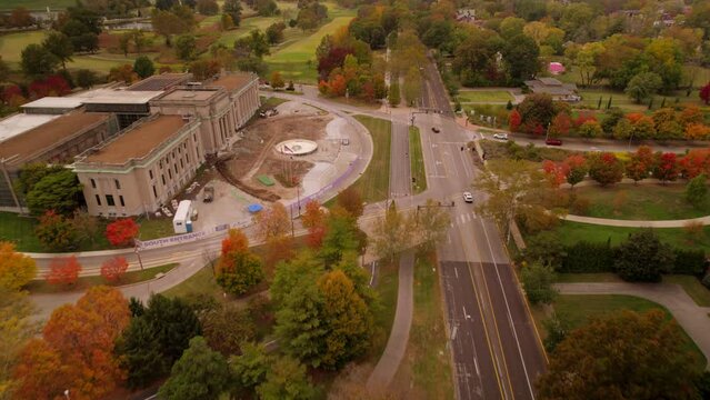 Aerial over Lindell Blvd and past the Missouri History Museum in Forest Park on a beautiful Fall day in St. Louis, Missouri.