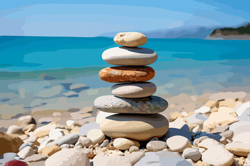 Fototapeta na wymiar Pyramid of stones zen balance in sea shore on sunny day ,Pyramid of stones on the beach.