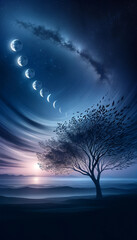 Moon Phases Over Tranquil Landscape with Tree Silhouette
