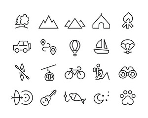 Adventure mountain icon set. Containing hike, campfire, snorkeling, climbing, travel canoeing. Outdoor activity tourism, local tour, camping, Landscape line icons , editable stroke isolated on white