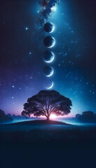 Fototapeta na wymiar Moon Phases Over Tranquil Landscape with Tree Silhouette