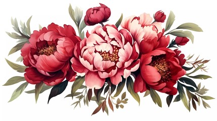 watercolor illustration of red flowers, flower clip art. Bouquet of peonies. generative ai