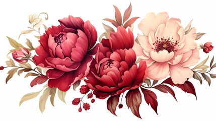 watercolor illustration of red flowers, flower clip art. Bouquet of peonies. generative ai - obrazy, fototapety, plakaty