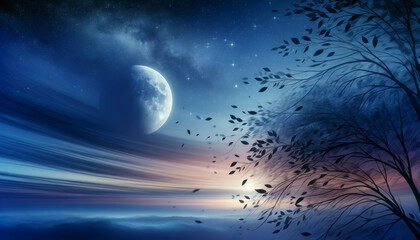 Enchanted Moonlit Night with Swirling Leaves
