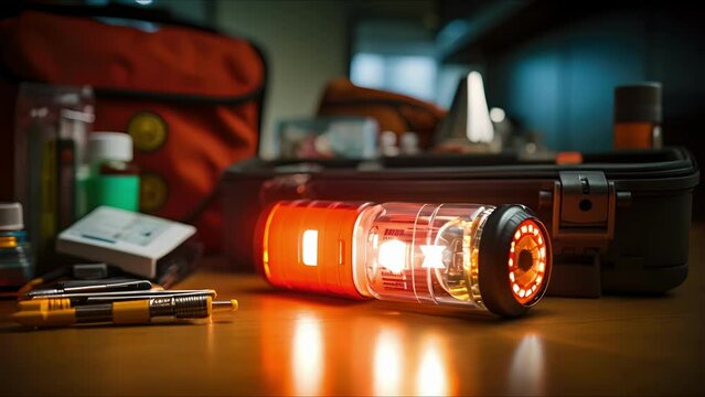 Closeup of a fully stocked emergency preparedness kit with a flashlight, batteries, and a first aid kit.