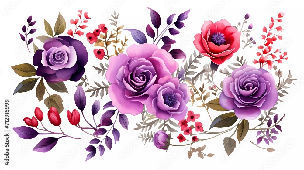 Wall mural illustration Red and purple flowers, leaves clip art watercolor flowers. generative ai