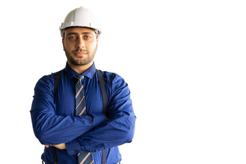 Indian male engineer architect designer business executive manager standing confident arm crossed against white background